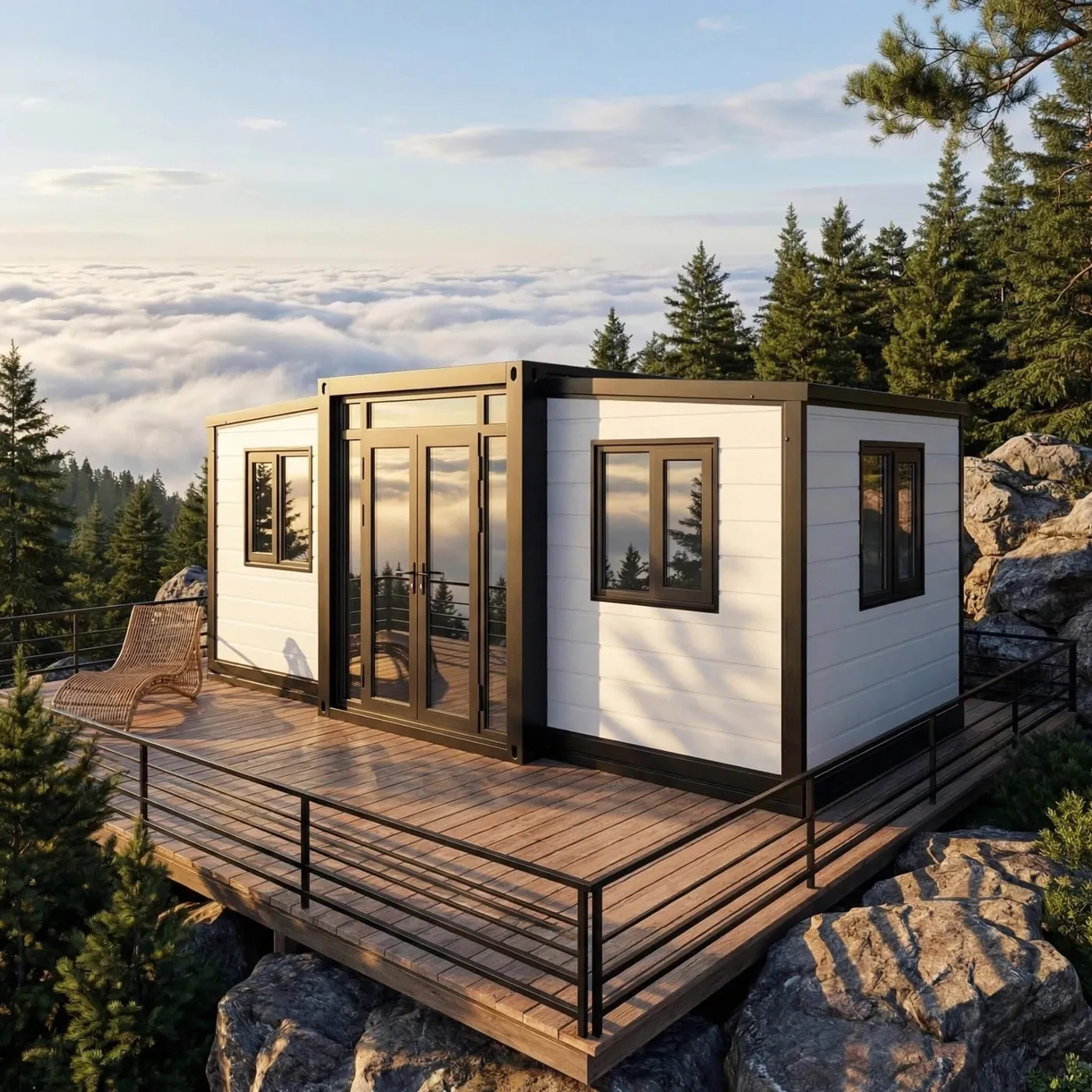 The Mini, a compact white THiNQ unit with a timber deck on a rocky hillside